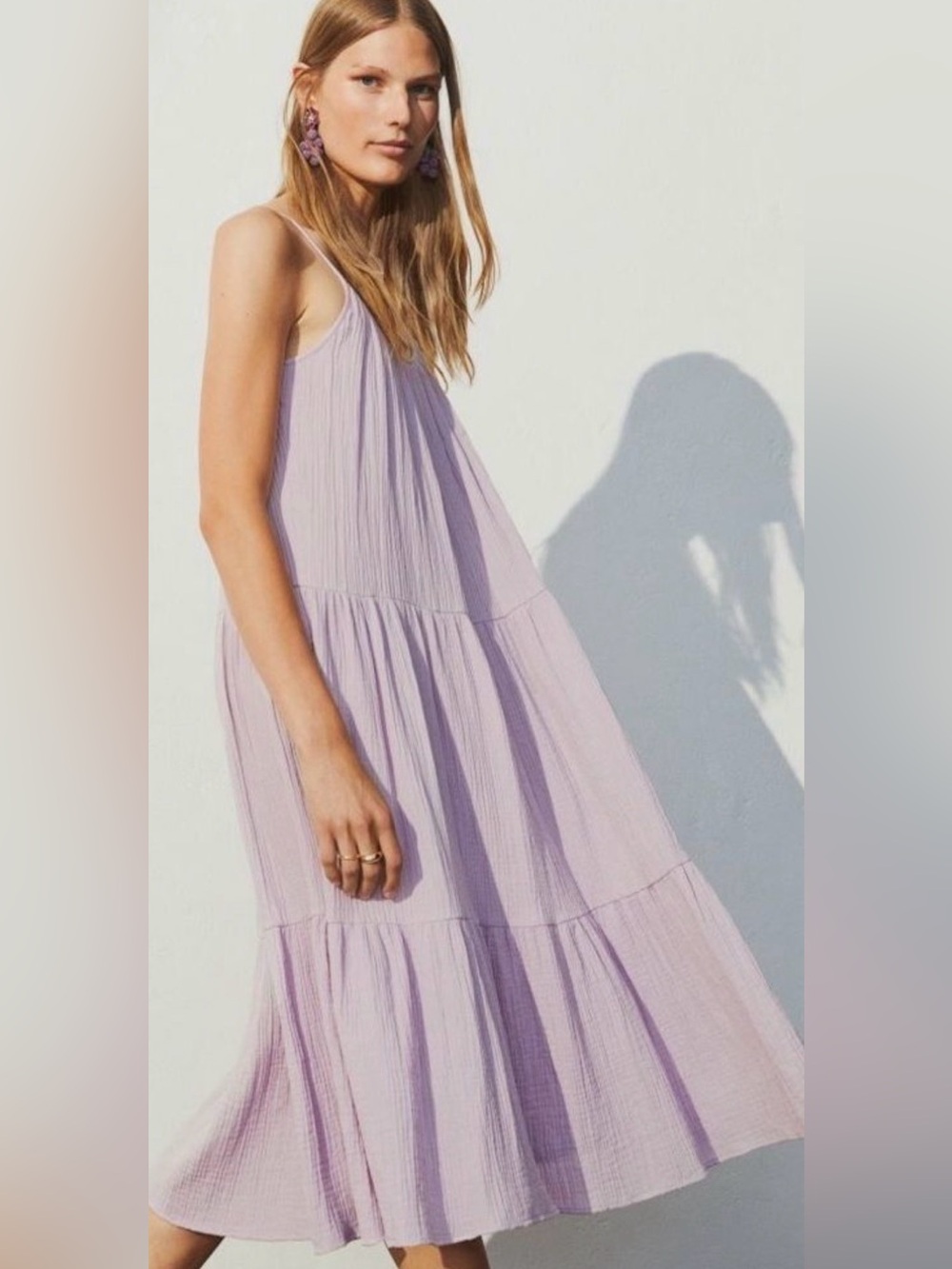 H&M Crinkle Cotton Gauze Tiered Maxi Boho Tiered Cottagecore dress Lavender S